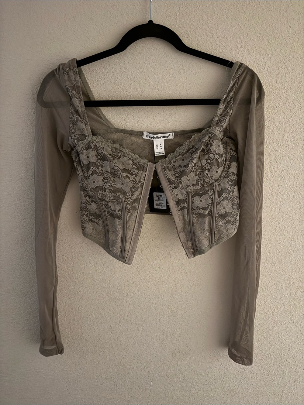 Charlotte Russe Taupe Lace Long-Sleeve Bustier Crop Top